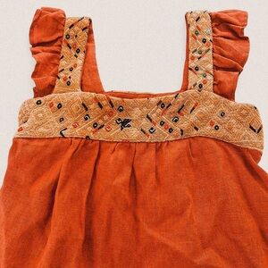 Arloom Rustic orange boho embroidered One a kind square neck ruffle top XS